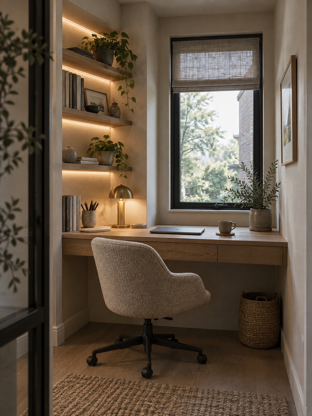 Compact home office alcove lighting Cozy home office nook with a wooden desk, beige upholstered chair, warm lit shelves, and potted plants by a window. | Sky Rye Design Compact home office alcove with illuminated shelves and a small window