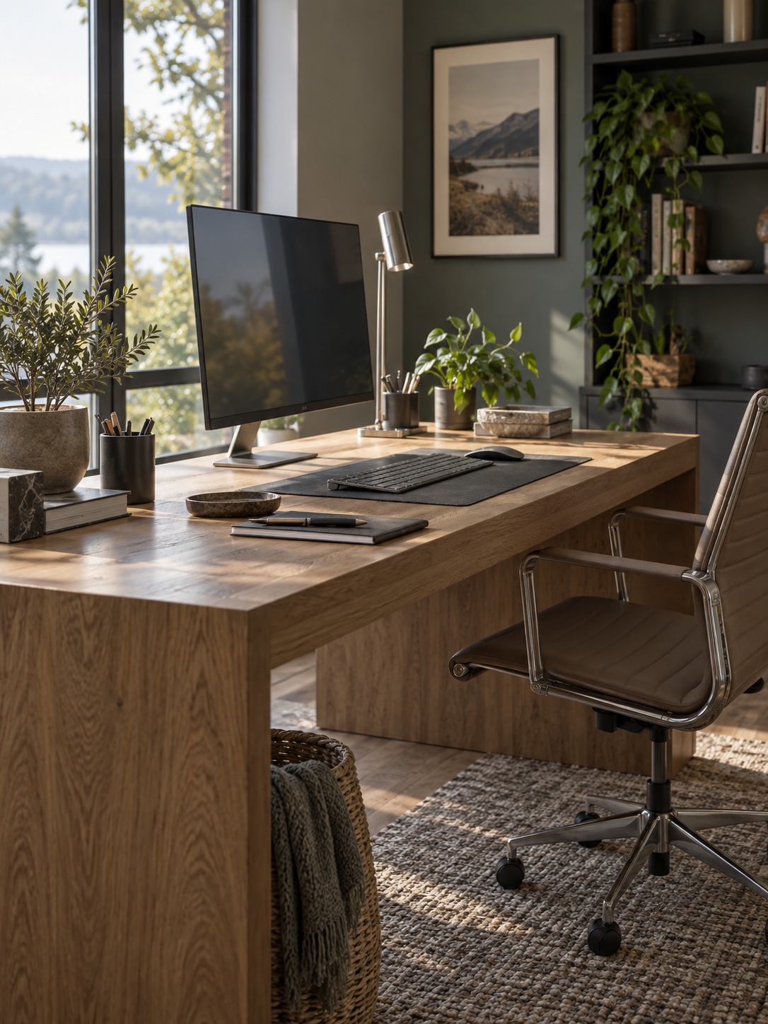 Ergonomic home office desk placement Modern home office with a wooden desk, large monitor, keyboard, and potted plants by a sunlit window.", | Sky Rye Design Home office desk beside a window with monitor angled away from glare