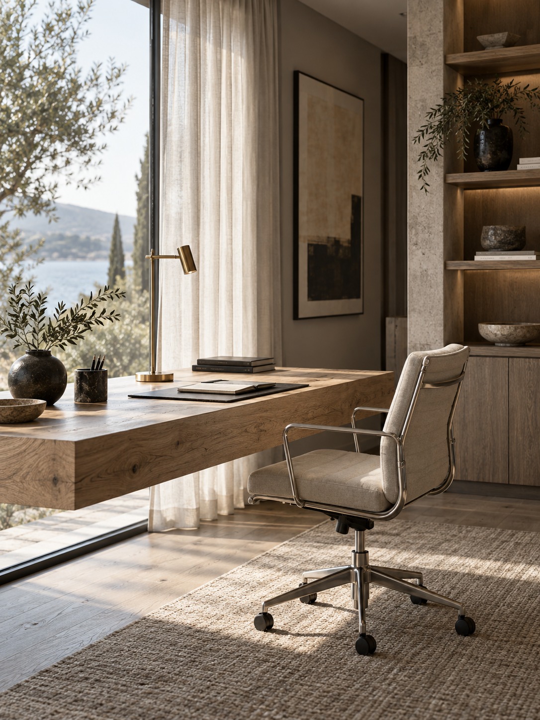 Floating desk beside a home office window Floating oak home office desk positioned perpendicular to a window with sheer curtains | Sky Rye Design Floating oak home office desk positioned perpendicular to a window with sheer curtains
