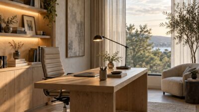 Full home office showing layered lighting, sheer curtains, and a minimalist desk