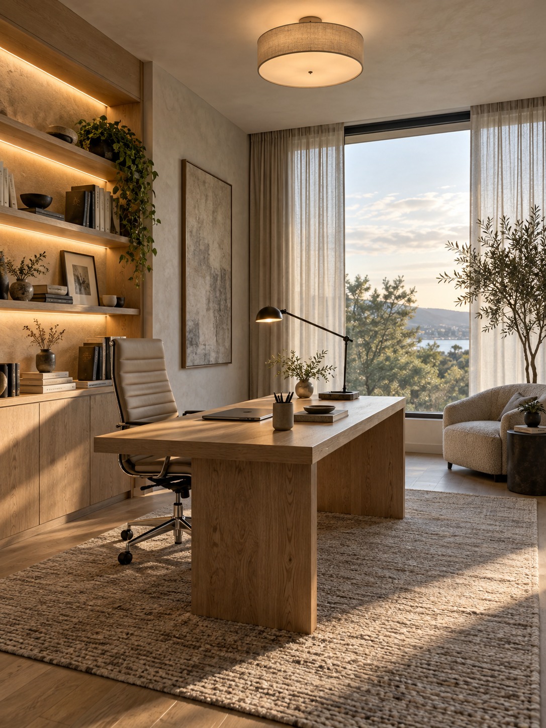 Complete layered home office lighting plan Full home office showing layered lighting, sheer curtains, and a minimalist desk | Sky Rye Design Full home office showing layered lighting, sheer curtains, and a minimalist desk