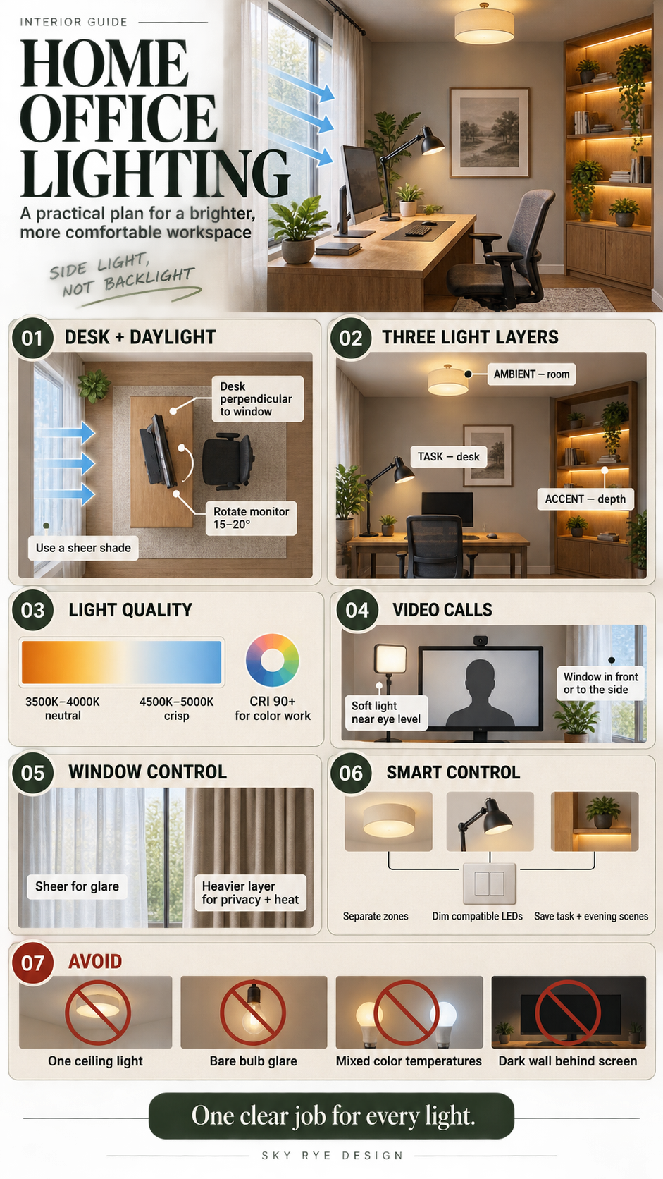 Home Office Lighting Guide Infographic Home office lighting infographic showing desk placement, layered lighting, color temperature, window control, and common mistakes | Sky Rye Design Home office lighting infographic showing desk placement, layered lighting, color temperature, window control, and common mistakes