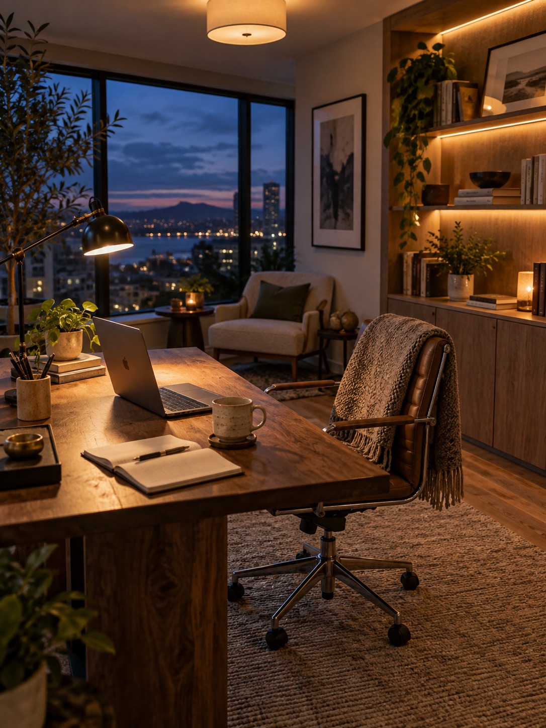 Layered home office lighting at dusk Home office at dusk with task, ambient, and accent lighting | Sky Rye Design Home office at dusk with task, ambient, and accent lighting