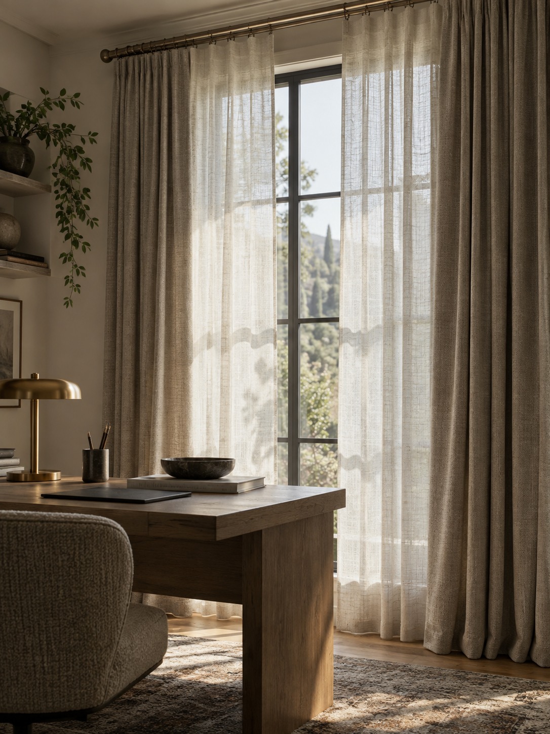 Layered window treatments for a home office Layered sheer curtains and heavy drapes controlling daylight in a home office | Sky Rye Design Layered sheer curtains and heavy drapes controlling daylight in a home office