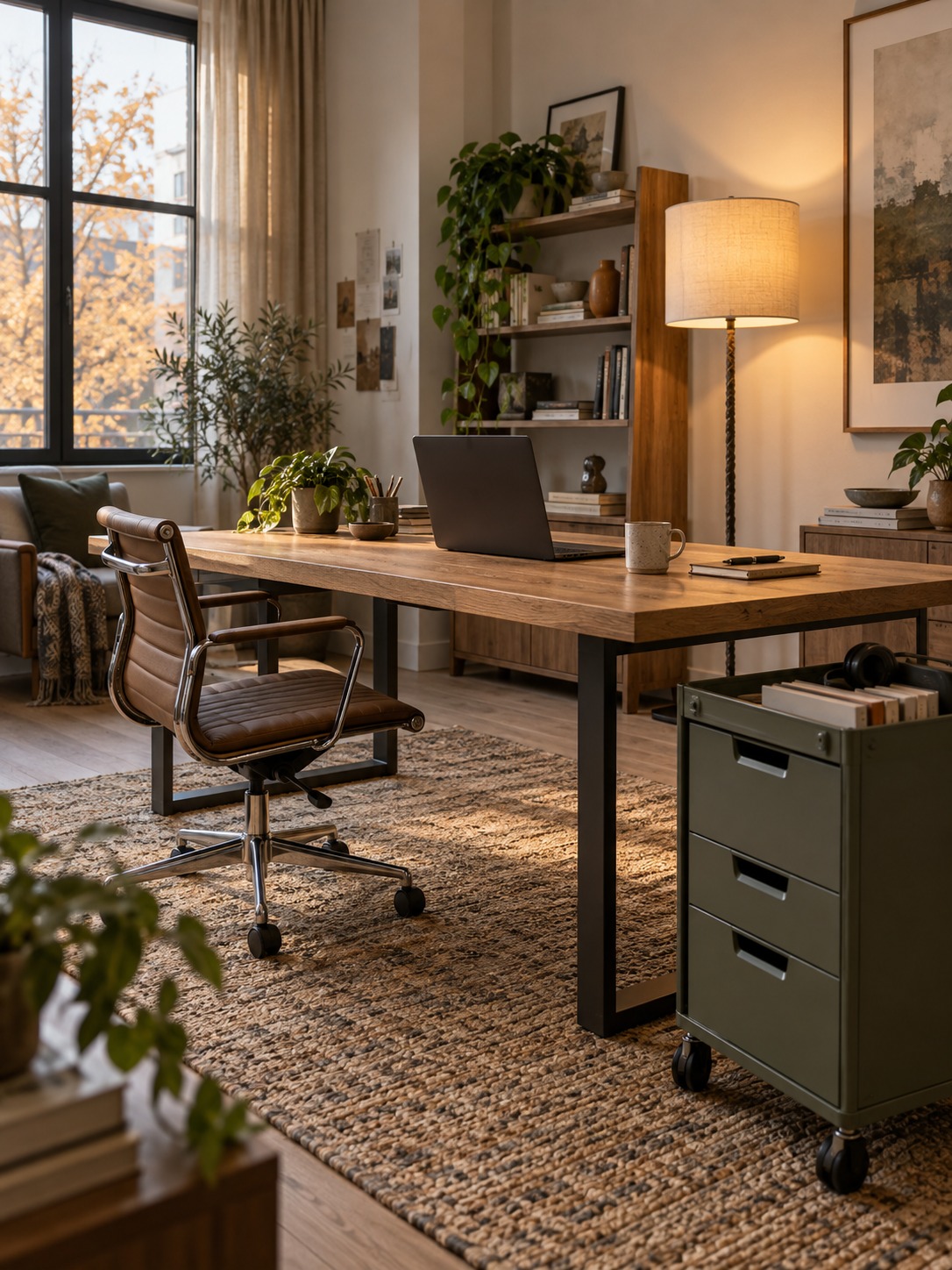 Flexible home office with modular furniture Home office with a wooden desk, laptop, and a tall lamp; cozy seating and greenery nearby under warm lighting by a large window. | Sky Rye Design Flexible home office with modular desk, wheeled storage, and plug-in floor lamp