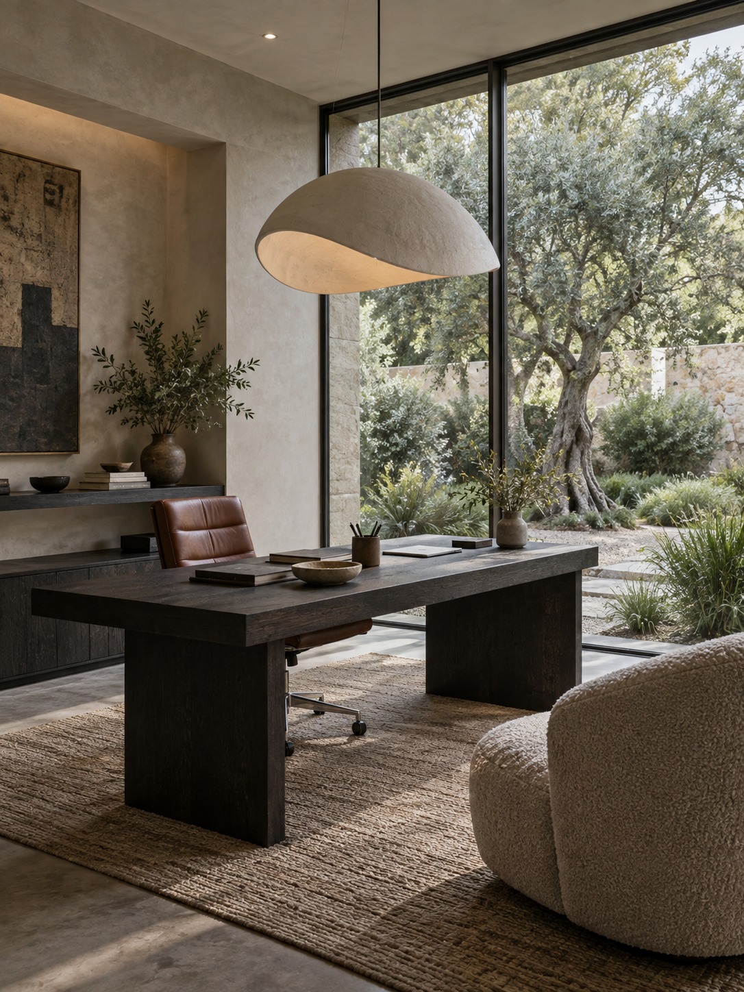Pendant light over a minimalist home office desk Sculptural pendant light above a minimalist home office desk beside a garden window | Sky Rye Design Sculptural pendant light above a minimalist home office desk beside a garden window