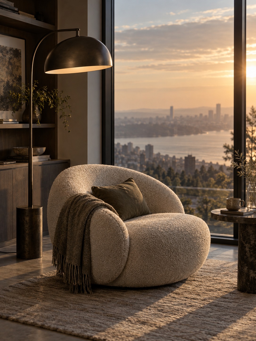 Home office reading nook with floor lamp Home office reading nook with curved chair and sculptural floor lamp | Sky Rye Design Home office reading nook with curved chair and sculptural floor lamp