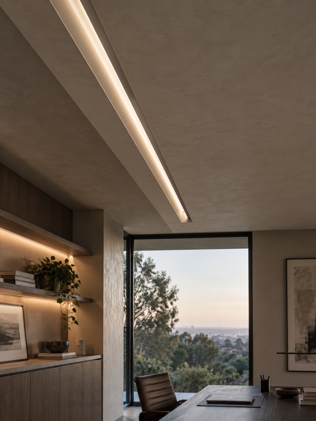 Recessed linear LED home office lighting Linear LED fixture recessed into a plaster home office ceiling | Sky Rye Design Linear LED fixture recessed into a plaster home office ceiling