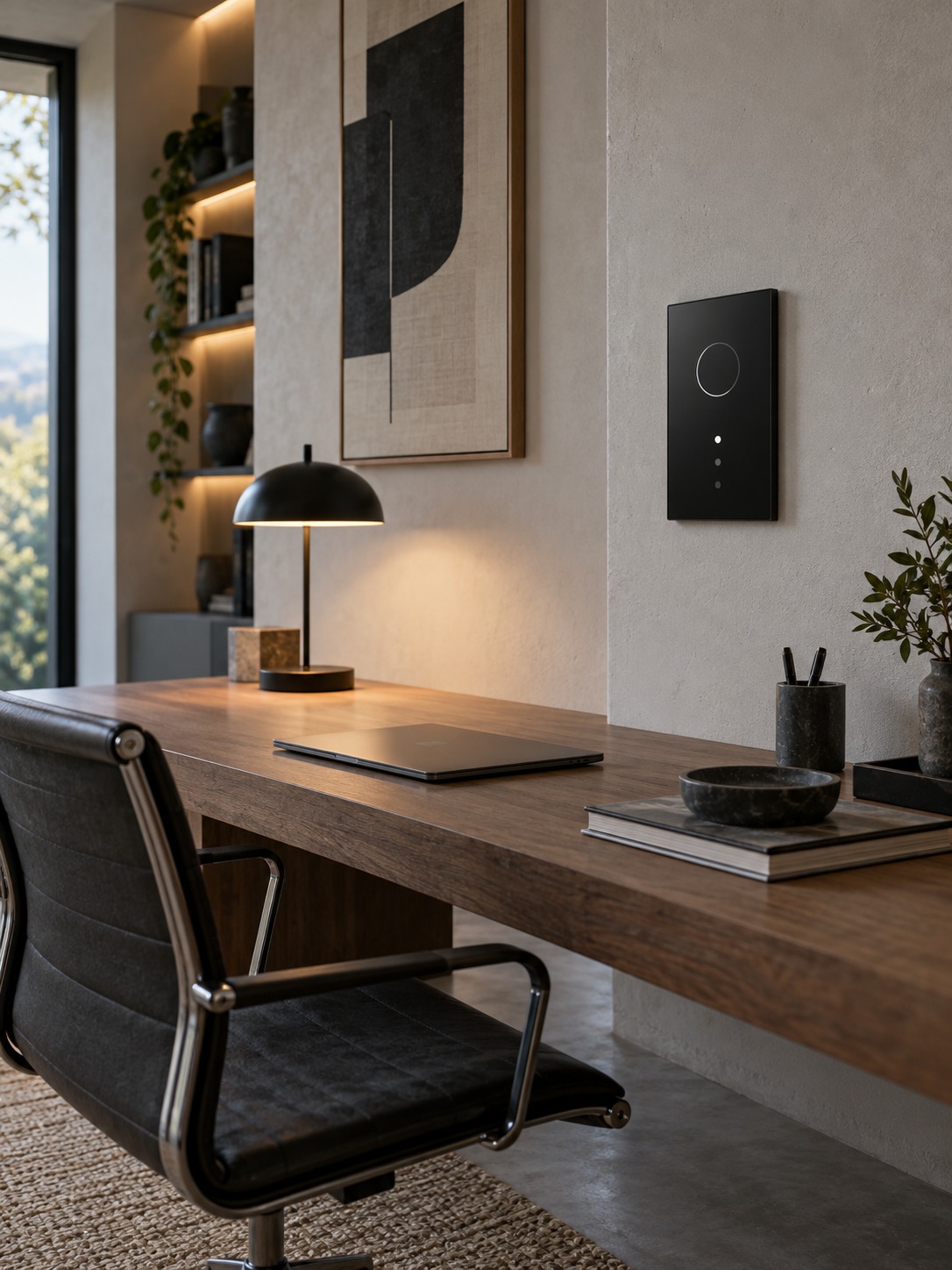 Smart lighting controls beside a home office desk Wall-mounted smart lighting control beside a minimalist home office desk | Sky Rye Design Wall-mounted smart lighting control beside a minimalist home office desk