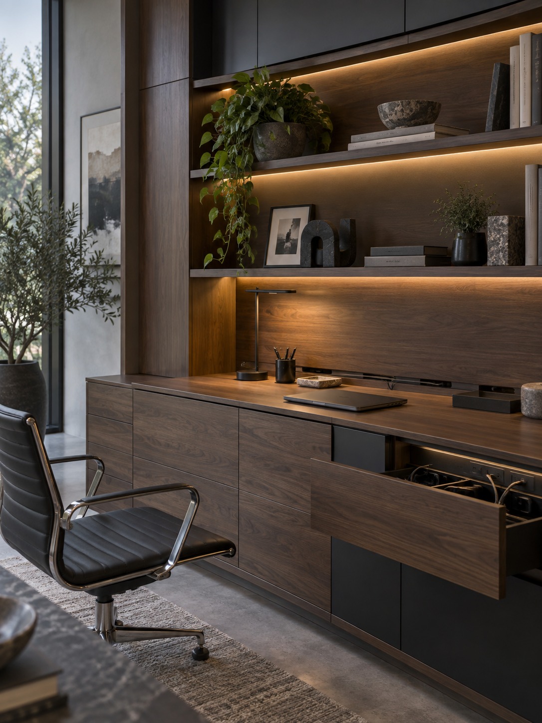 Home office storage wall with under-shelf lighting Walnut home office storage wall with under-shelf lighting and concealed cables | Sky Rye Design Walnut home office storage wall with under-shelf lighting and concealed cables