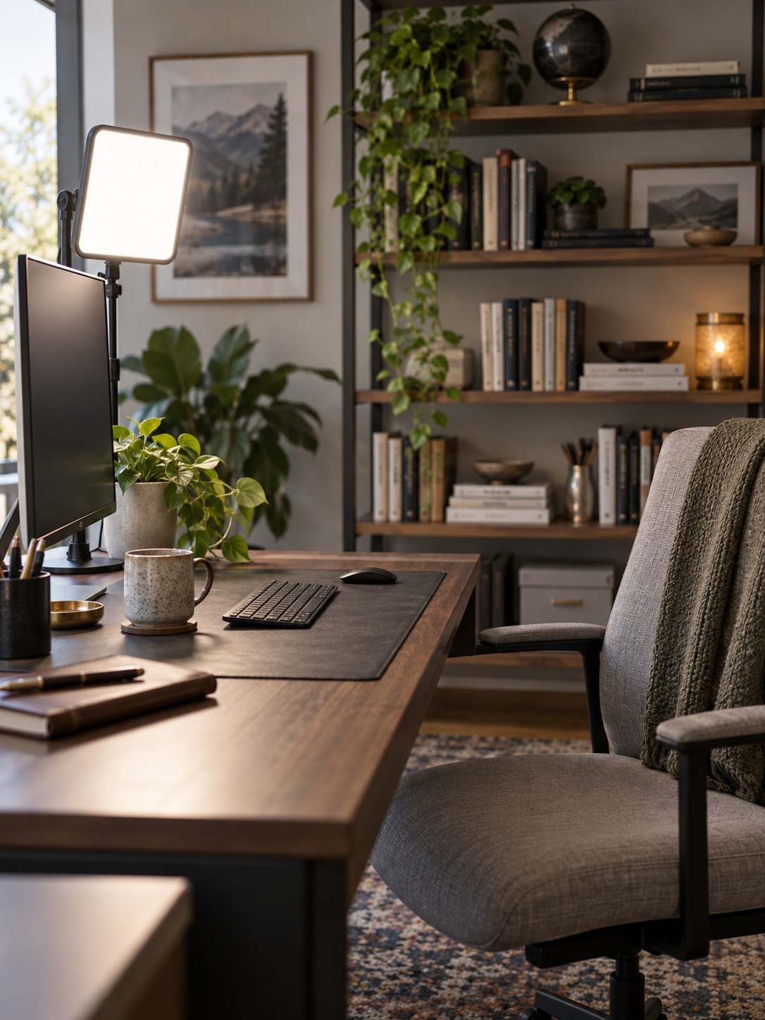 Soft video-call lighting in a home office Soft eye-level light panel illuminating a home office video-call setup | Sky Rye Design Soft eye-level light panel illuminating a home office video-call setup