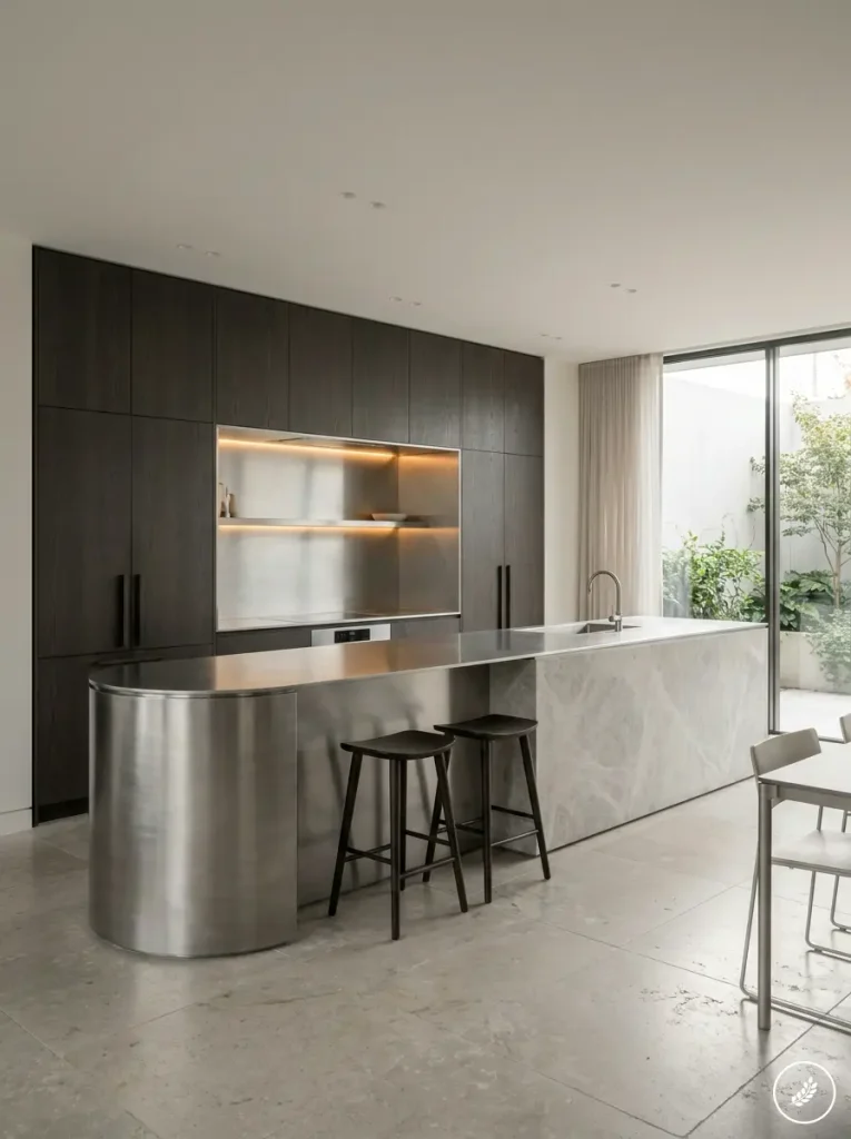Modern kitchen with dark wood cabinetry, illuminated stainless steel alcove, and a curved metal and marble island