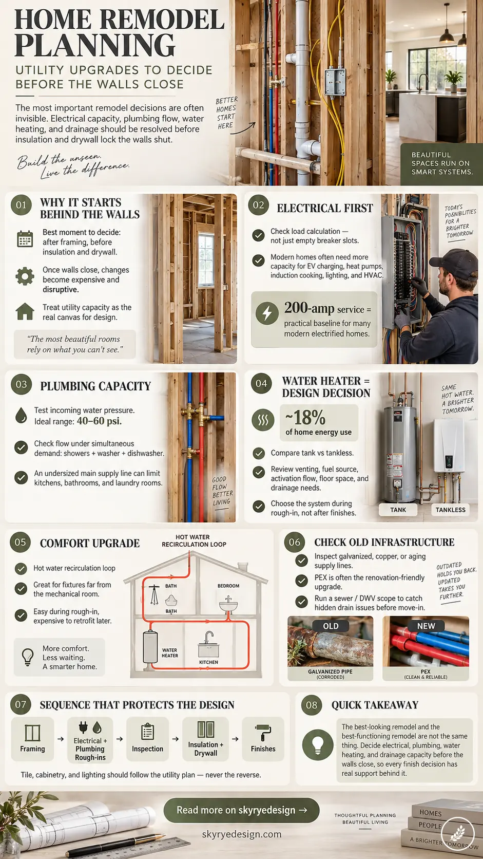 Infographic outlining eight key utility planning decisions before closing walls, detailed in the surrounding article