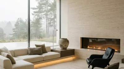 Open, airy living room with a large floor-to-ceiling window overlooking trees; creamy sectional sofa, neutral cushions, and a modern built-in fireplace. A black lounge chair sits by the fire, and soft ambient lighting echoes the earthy tones.