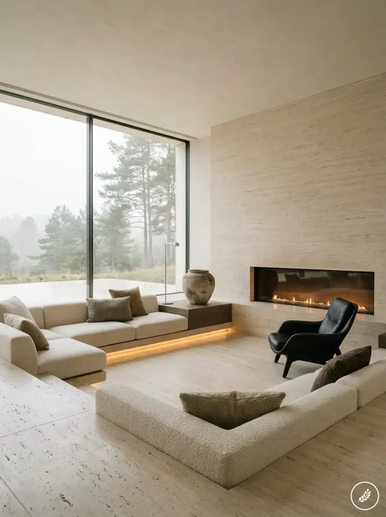 Open, airy living room with a large floor-to-ceiling window overlooking trees; creamy sectional sofa, neutral cushions, and a modern built-in fireplace. A black lounge chair sits by the fire, and soft ambient lighting echoes the earthy tones.