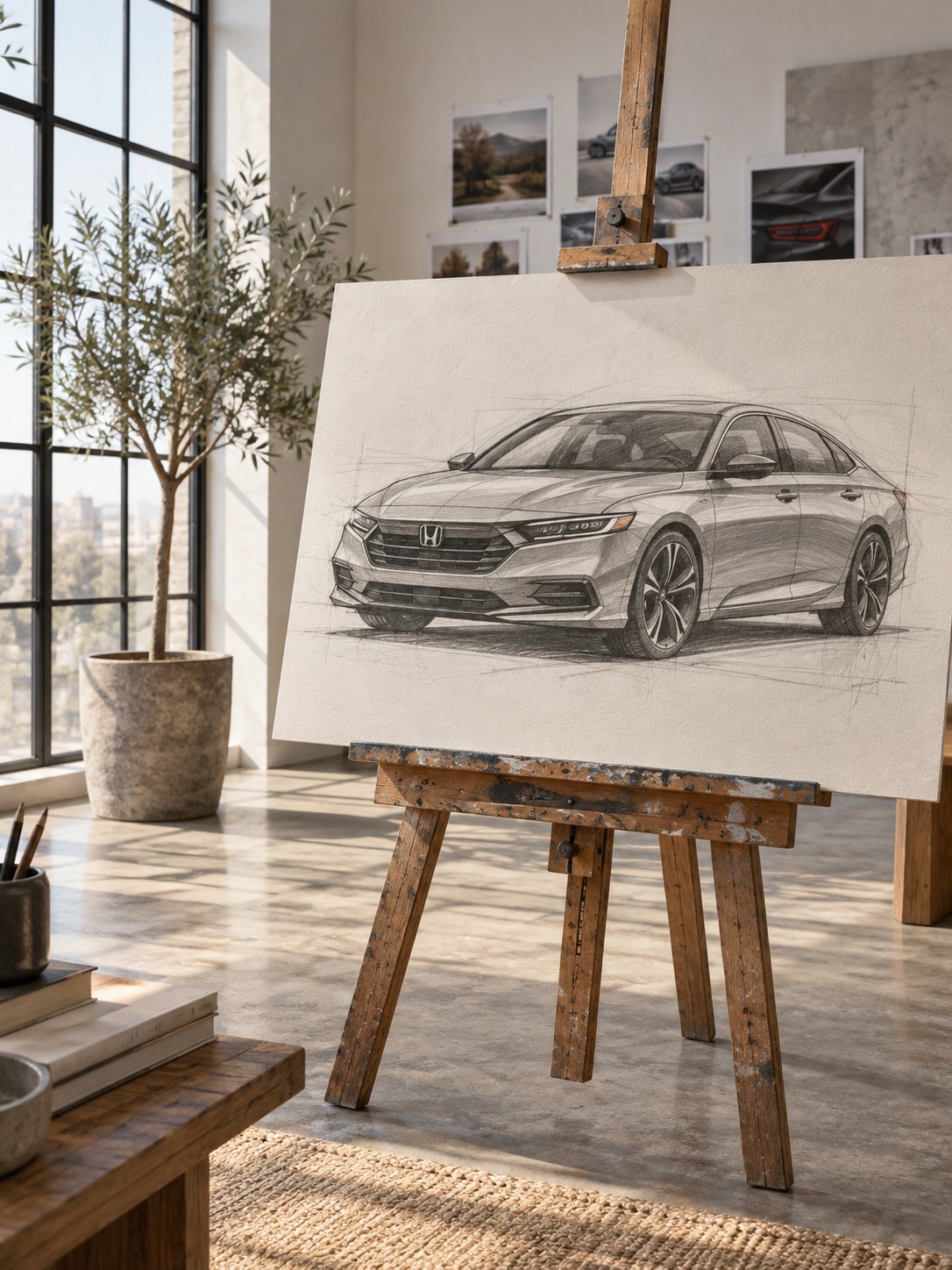 Finished Honda Accord three-quarter sketch displayed on an easel in a bright studio.