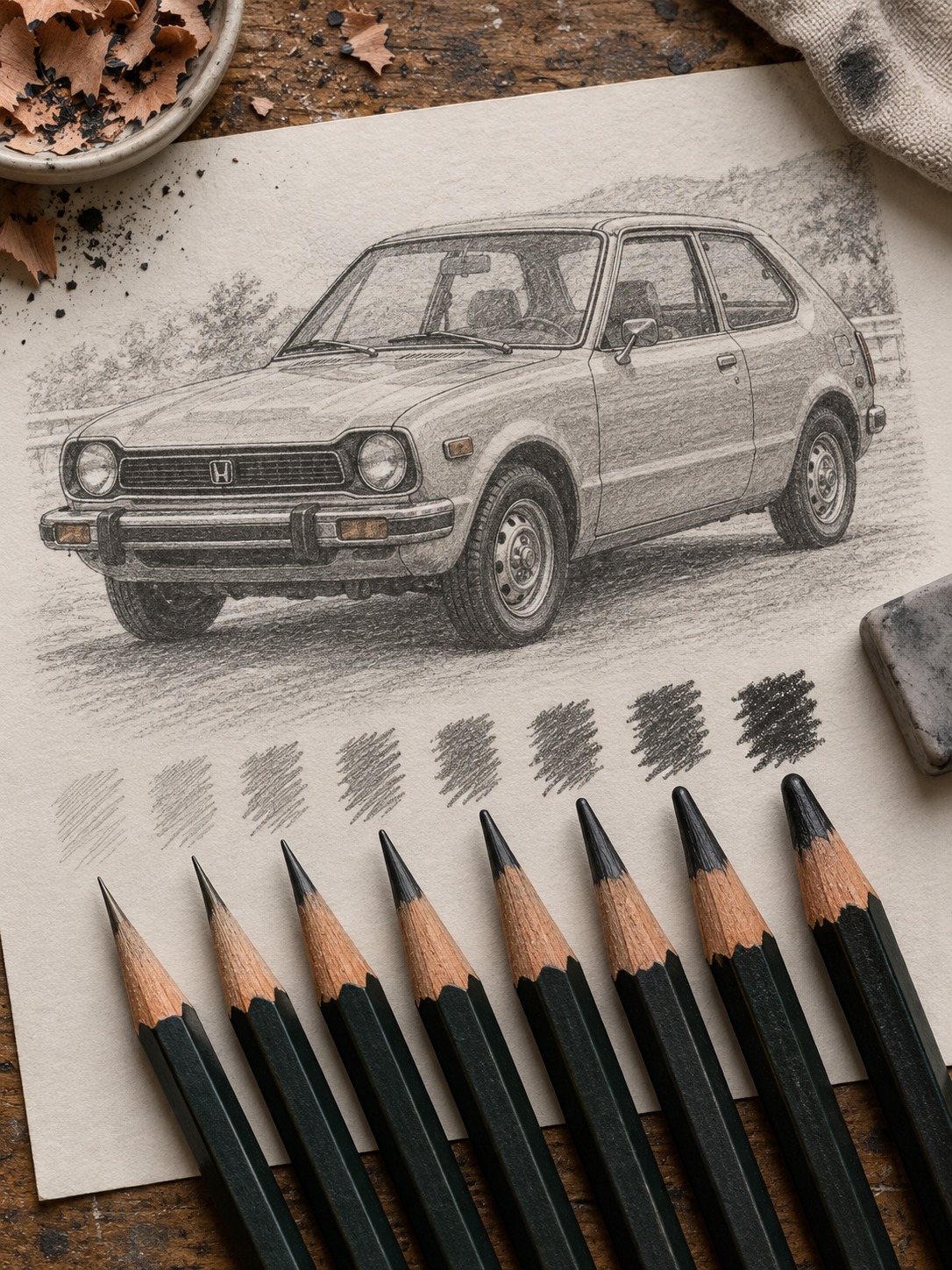Graphite pencils beside a Honda Civic 1972 hatchback sketch on textured paper.