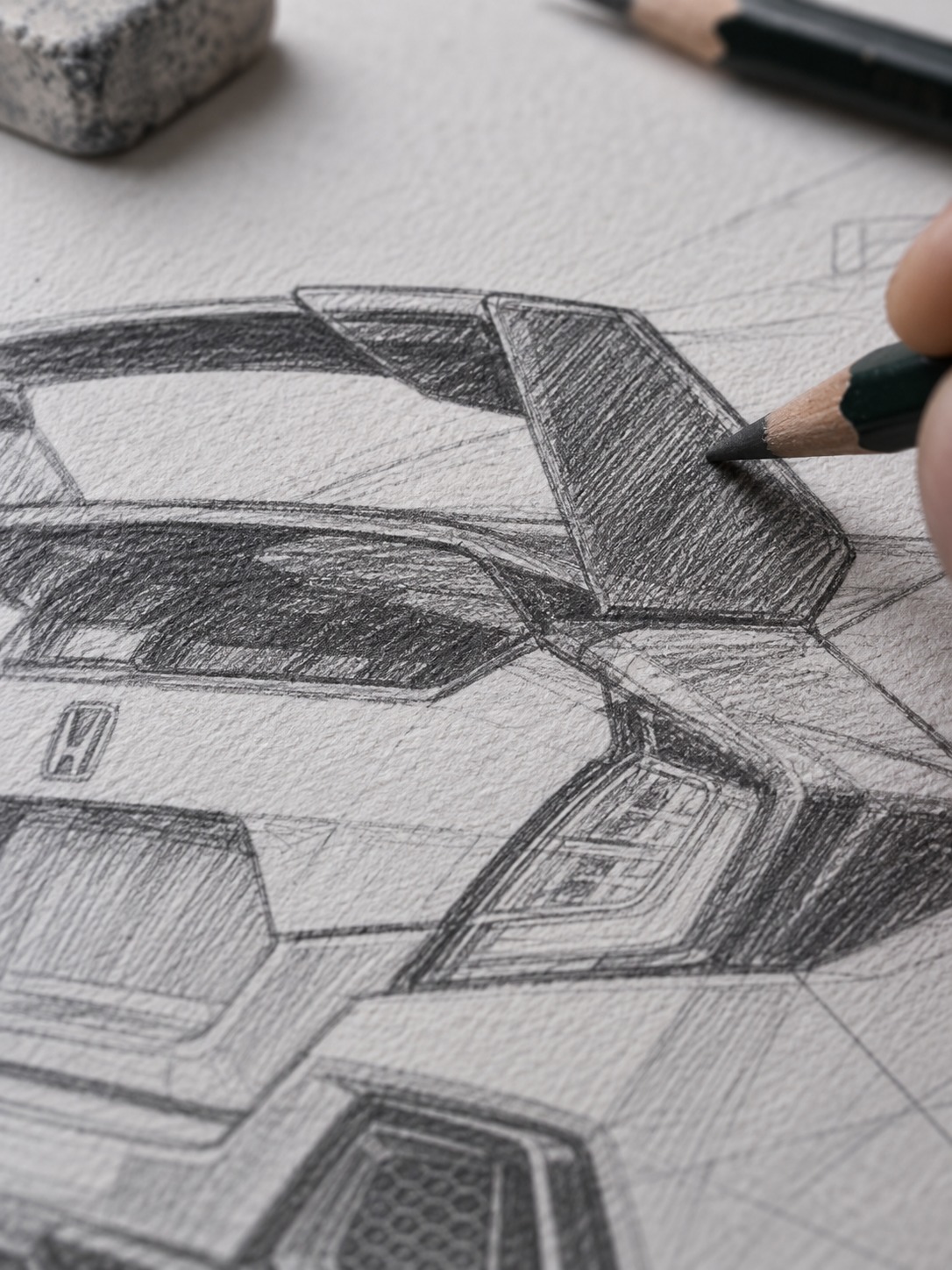 Macro view of cross-hatched graphite shading on a Honda Civic Type R rear wing sketch.