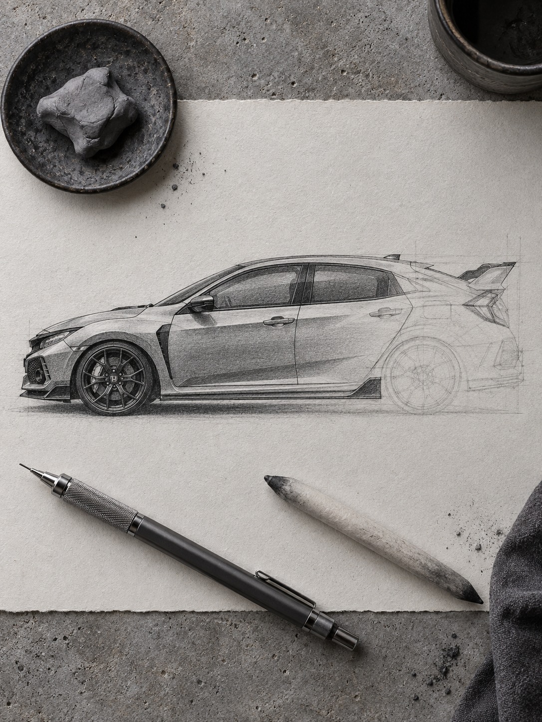 Mechanical pencil and eraser beside a half-finished Honda Civic Type R side-profile sketch.
