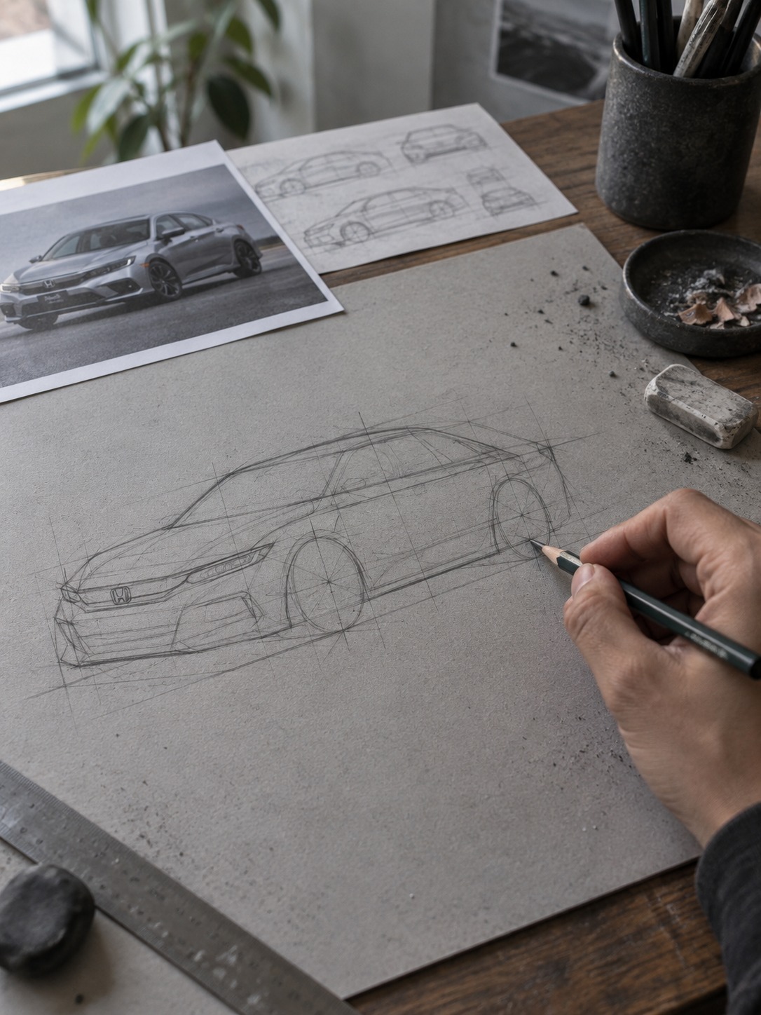 Hand sketching the wheelbase block-in of a Honda Civic on toned gray paper.