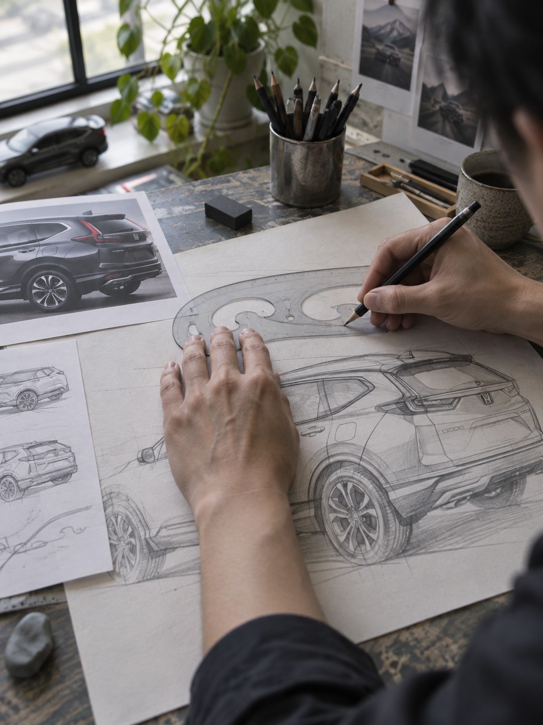 Designer using a French curve ruler to refine the roofline of a Honda CR-V sketch.