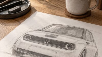Honda e front-fascia sketch resting beside coffee on a light oak studio desk.