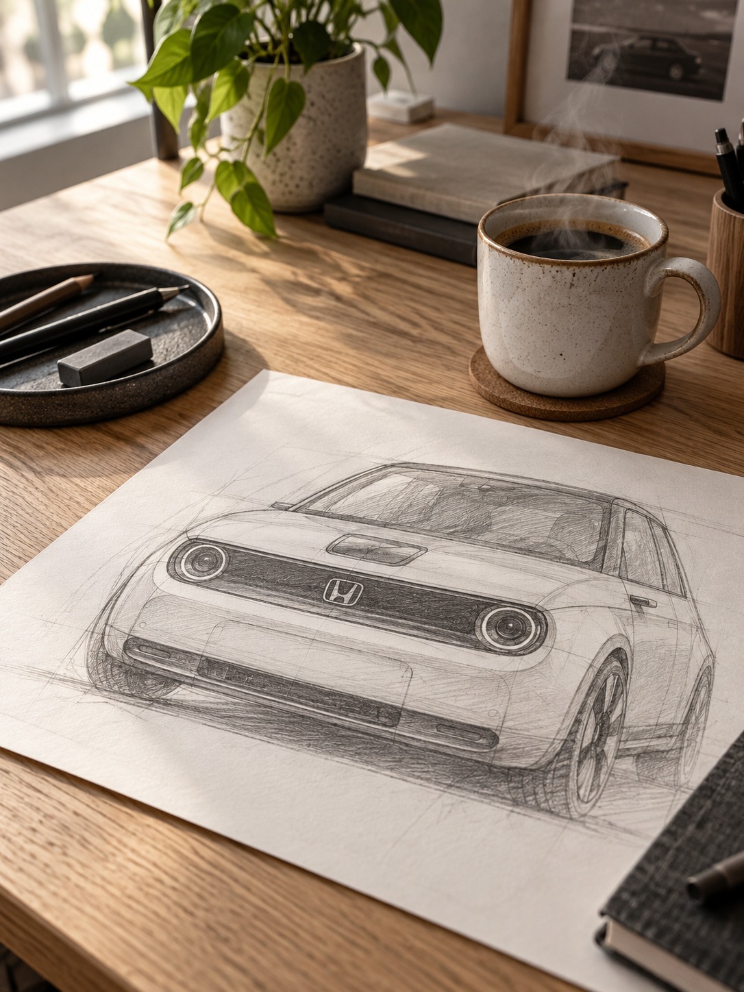 Honda e front-fascia sketch resting beside coffee on a light oak studio desk.