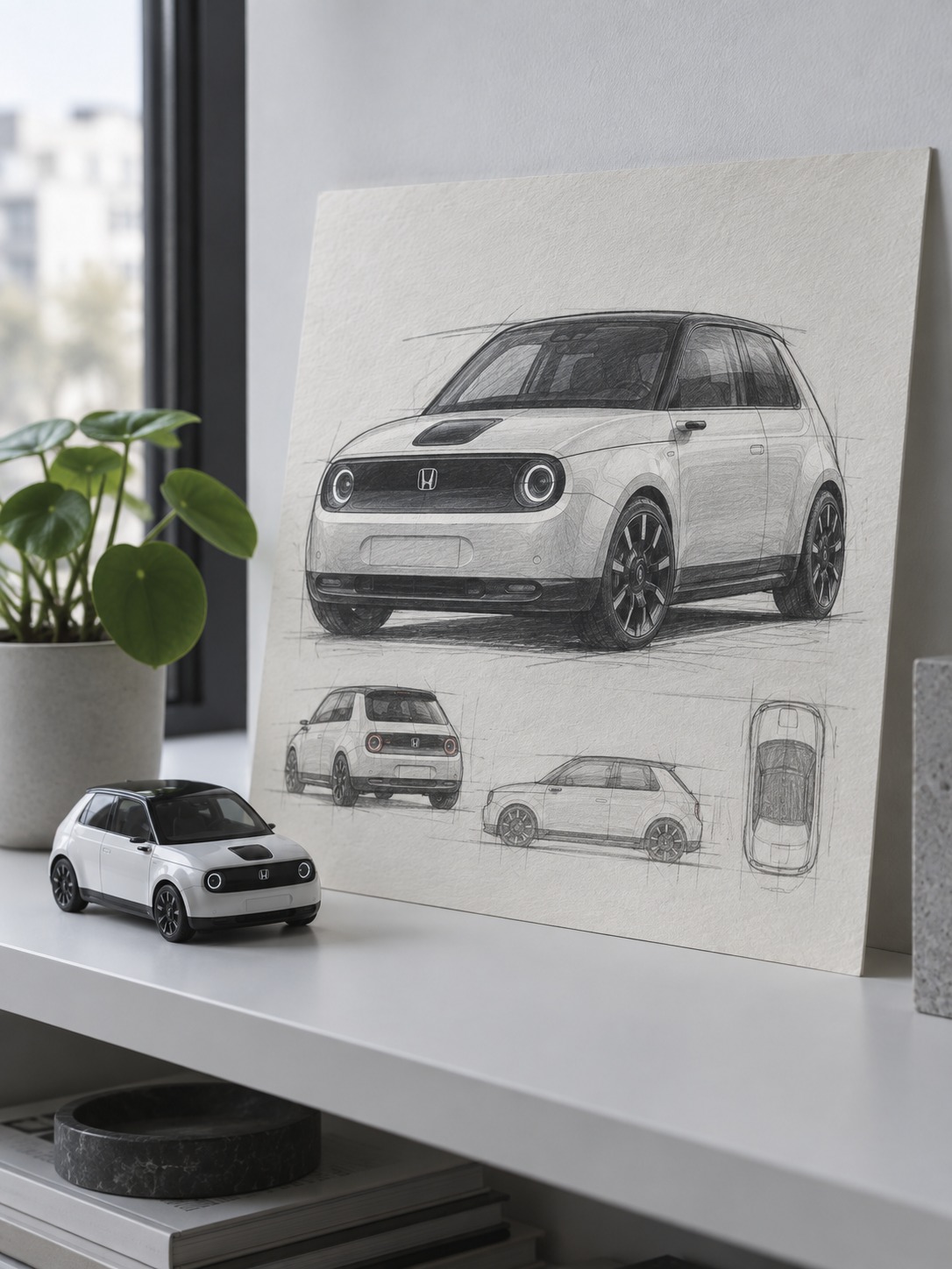 Finished Honda e sketch on a white studio shelf beside a small scale-model car.