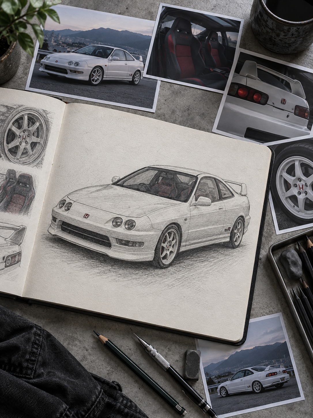 Open sketchbook showing a Honda Integra Type R drawing surrounded by reference photos.