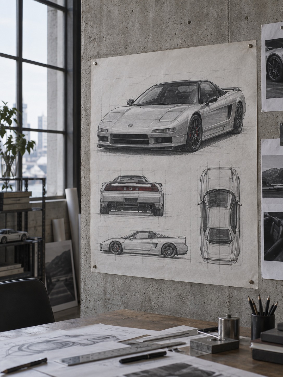 Finished Honda NSX automotive design sketch pinned to a concrete studio wall.
