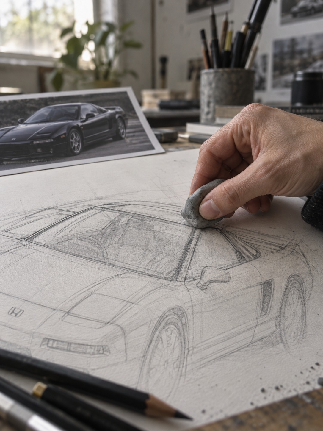 Hand using a kneaded eraser on guideline marks in a Honda NSX greenhouse sketch.