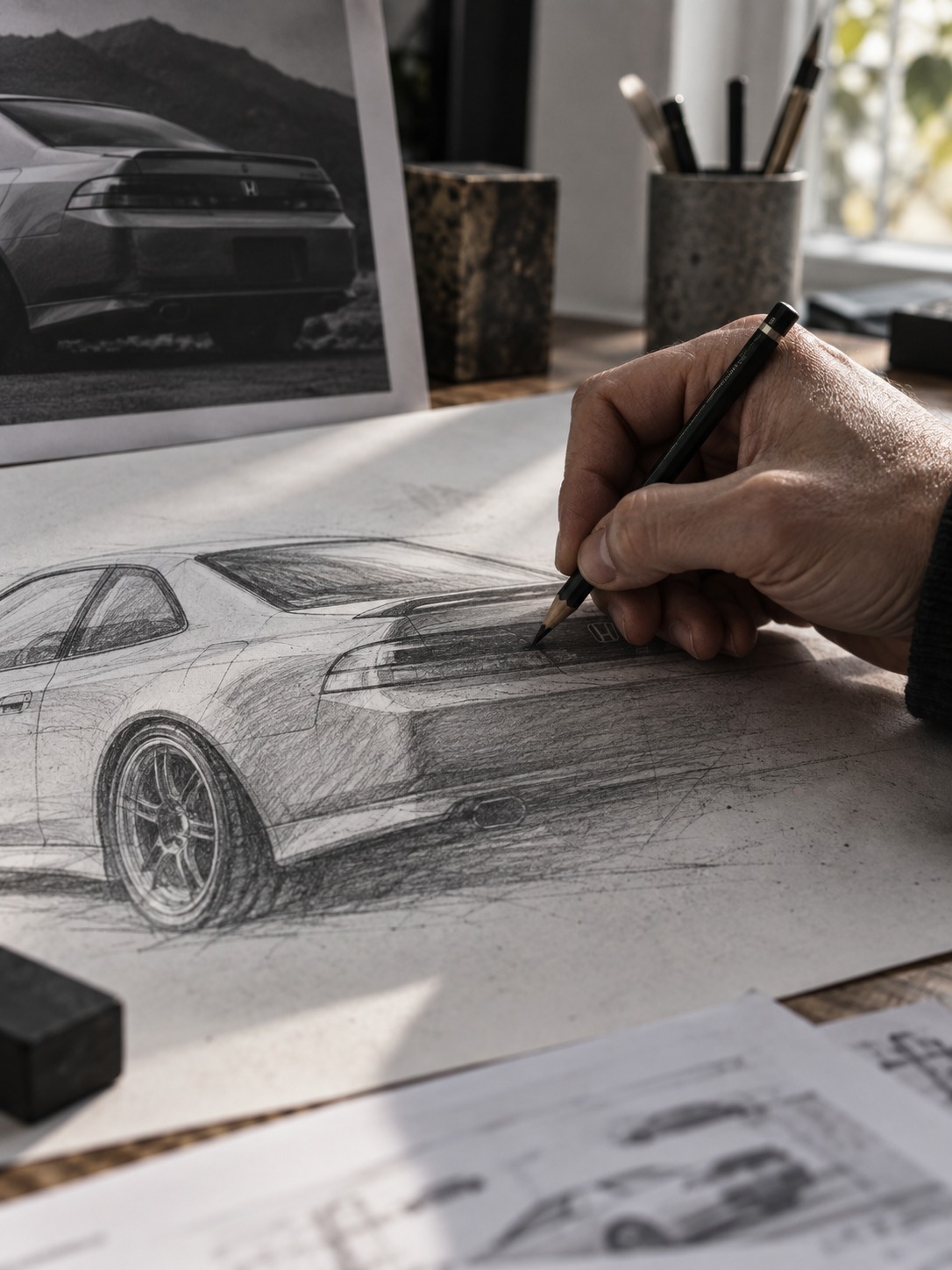 Hand shading the rear haunches of a Honda Prelude sketch with a soft pencil.