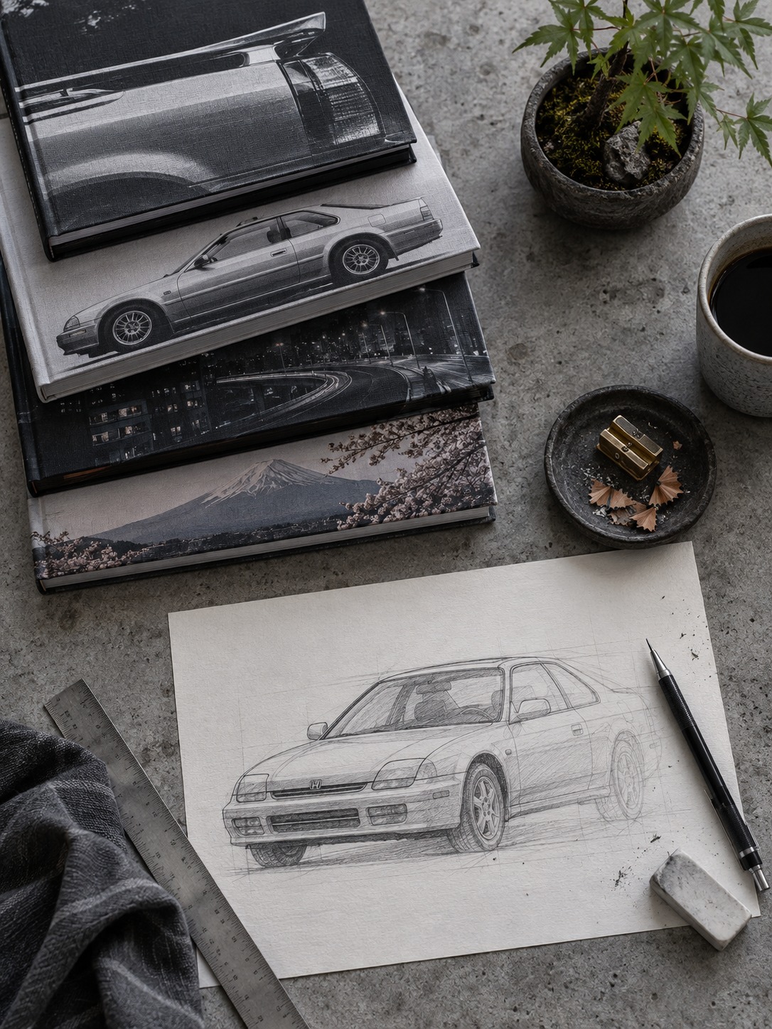 Partially finished Honda Prelude sketch beside automotive design reference books.