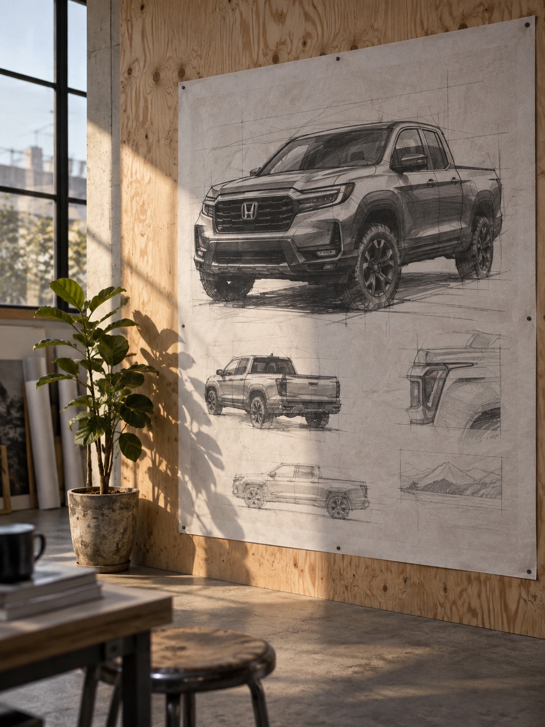 Large-format Honda Ridgeline design sketch mounted on a raw plywood studio wall.