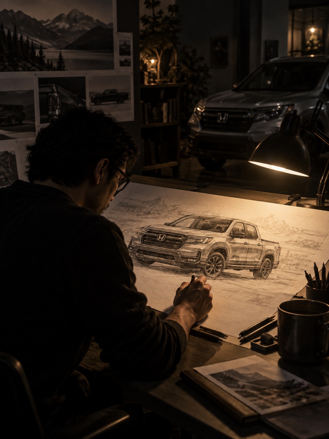 Designer silhouette working late at a drafting table on a Honda Ridgeline sketch.