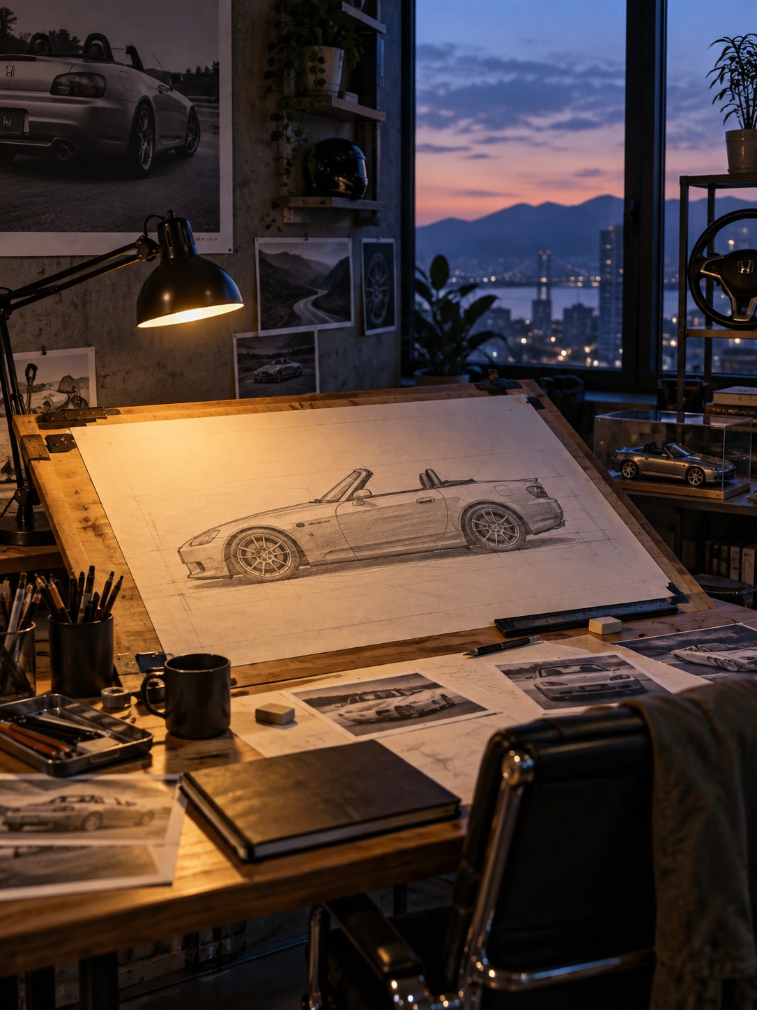Honda S2000 profile sketch on a tilted drafting table under a warm desk lamp.