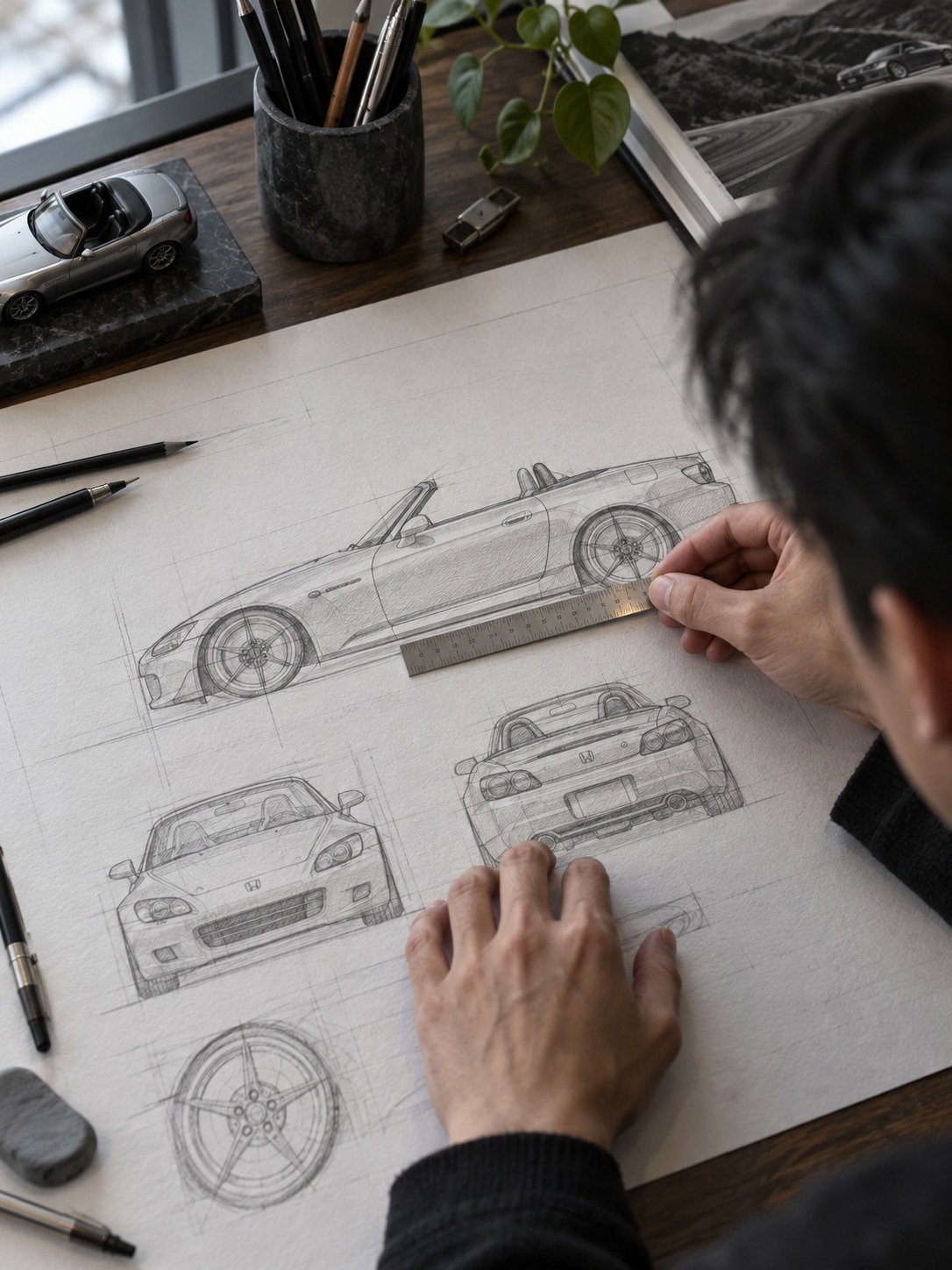 Designer measuring wheel-to-body proportions on a Honda S2000 sketch with a metal ruler.