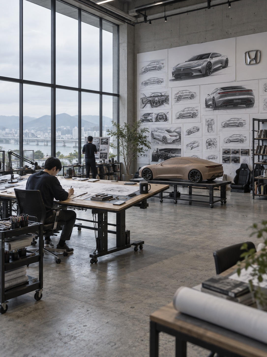 Automotive design studio with a drafting table and wall gallery of Honda sketches.