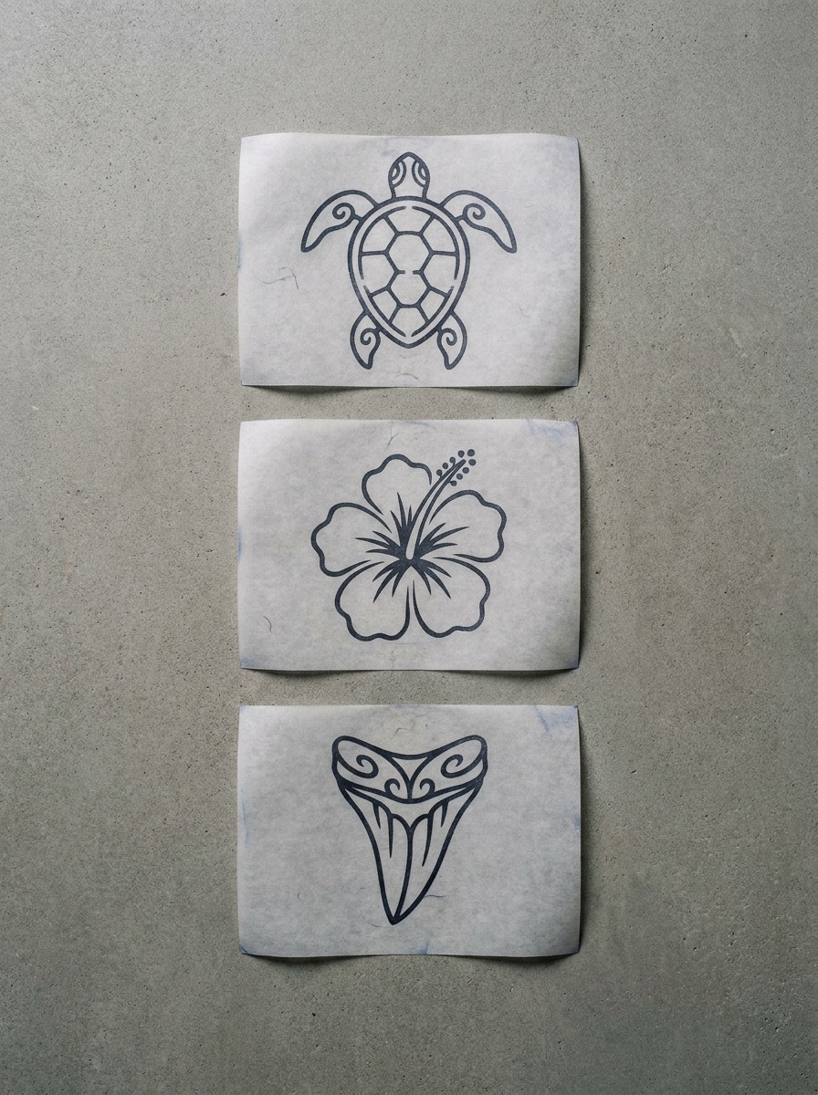 Flat-lay of honu, hibiscus, and niho mano stencil transfers on a grey surface.