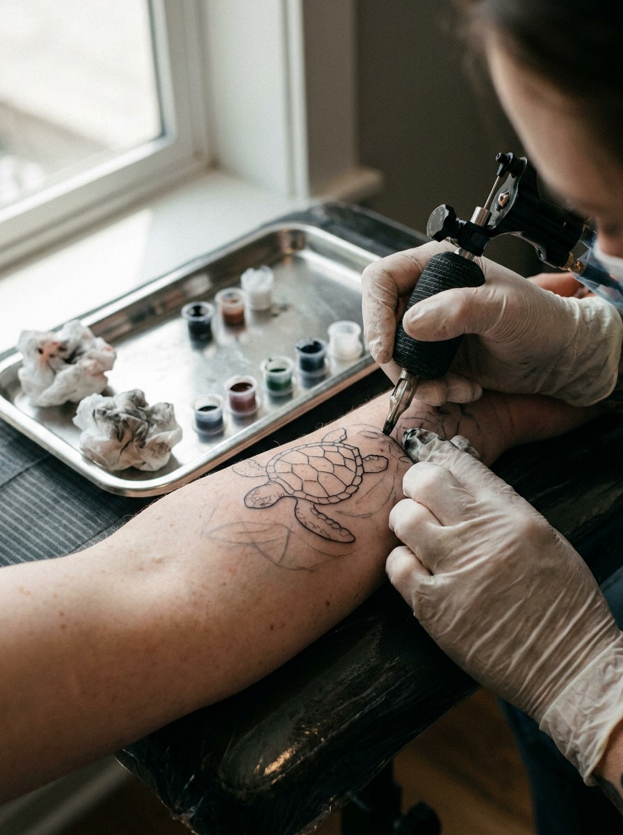 Tattoo artist outlining a honu sea turtle design over a light guideline sketch.