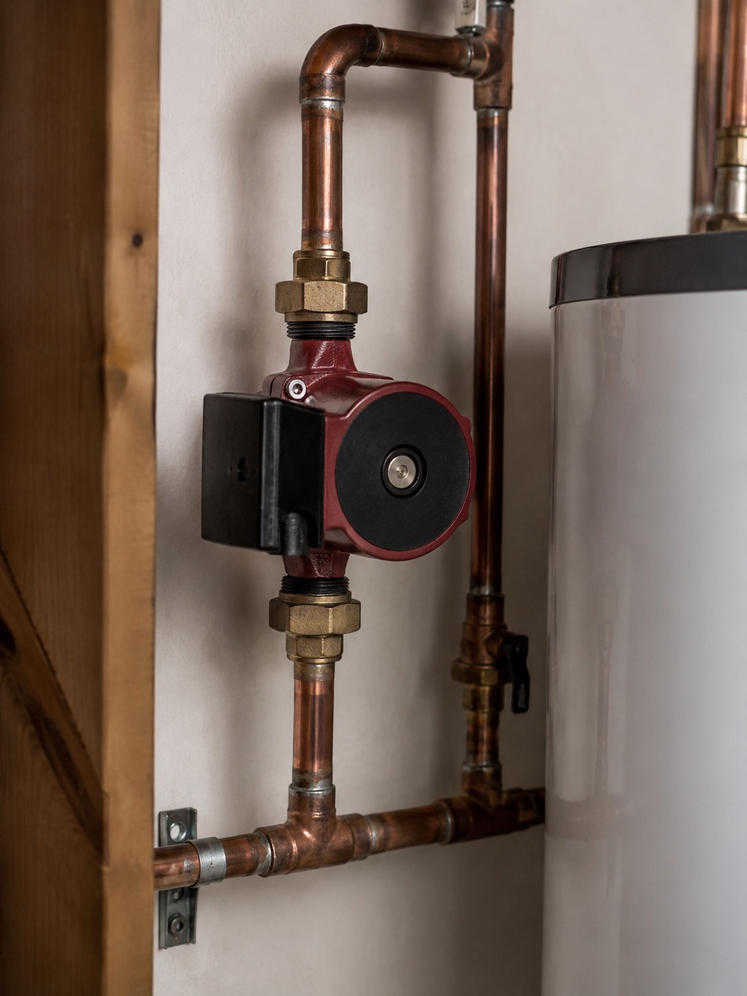 hot water recirculation pump and return line installed near a water heater