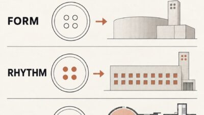 Infographic explaining how a shirt button can inform building form, facade rhythm, plan and production flow