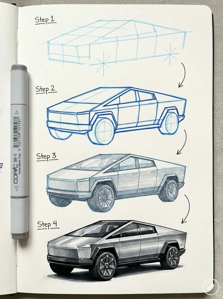Four-step drawing progression of a Cybertruck, from a light wireframe grid to a fully shaded grayscale marker drawing