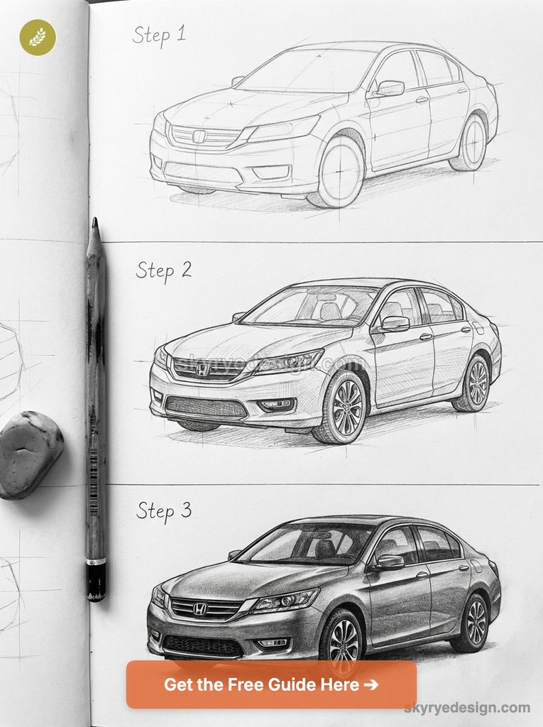 Three-step pencil car drawing tutorial: sedan sketches from rough outline to detailed shaded rendering with pencil.