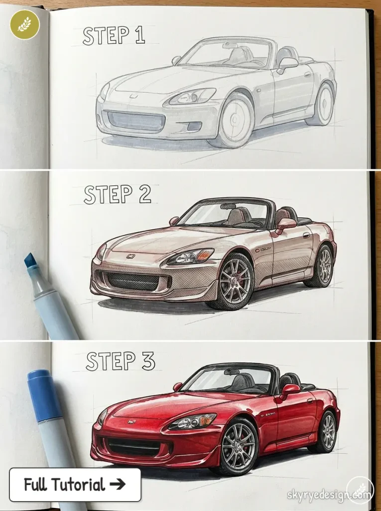 Step-by-step car drawing tutorial: pencil sketch to full-color red convertible sports car in three stages with markers.