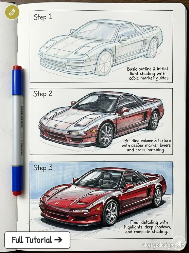 Step-by-step car drawing tutorial: three-stage marker-rendered red sports car on sketchbook, marker pen at left.