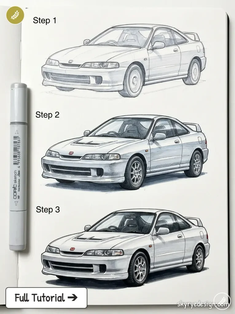 Step-by-step car drawing tutorial: three-stage sports coupe sketch with marker shading and realistic details