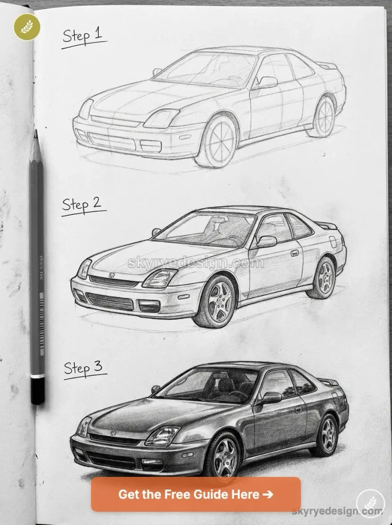 Step-by-step how-to pencil drawing of a coupe car: rough sketch, refined outline, and realistic shaded rendering.