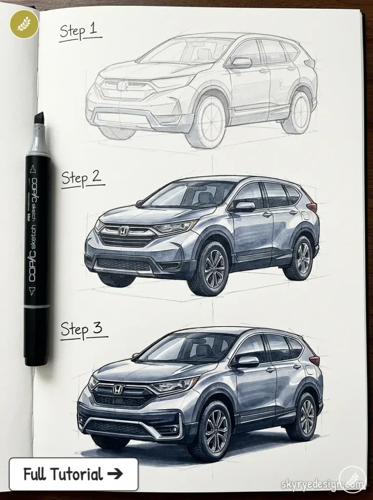 Honda CR-V sketch tutorial: step-by-step car drawing in three stages, progressive marker illustration