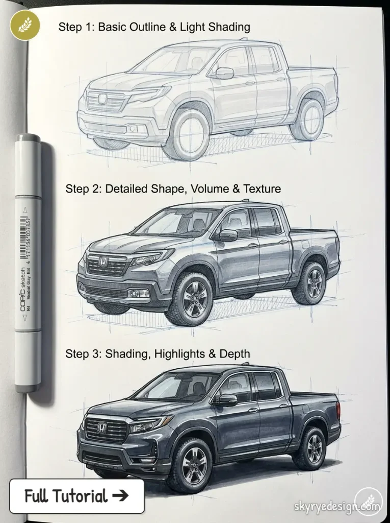 Three-step pickup truck drawing tutorial showing basic outline, detailed shape and texture, and final shading with marker